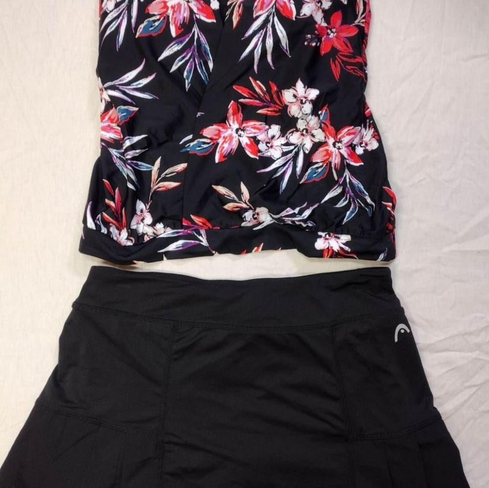 Floral Print Strapless Swim Top and Black Skirt Set
